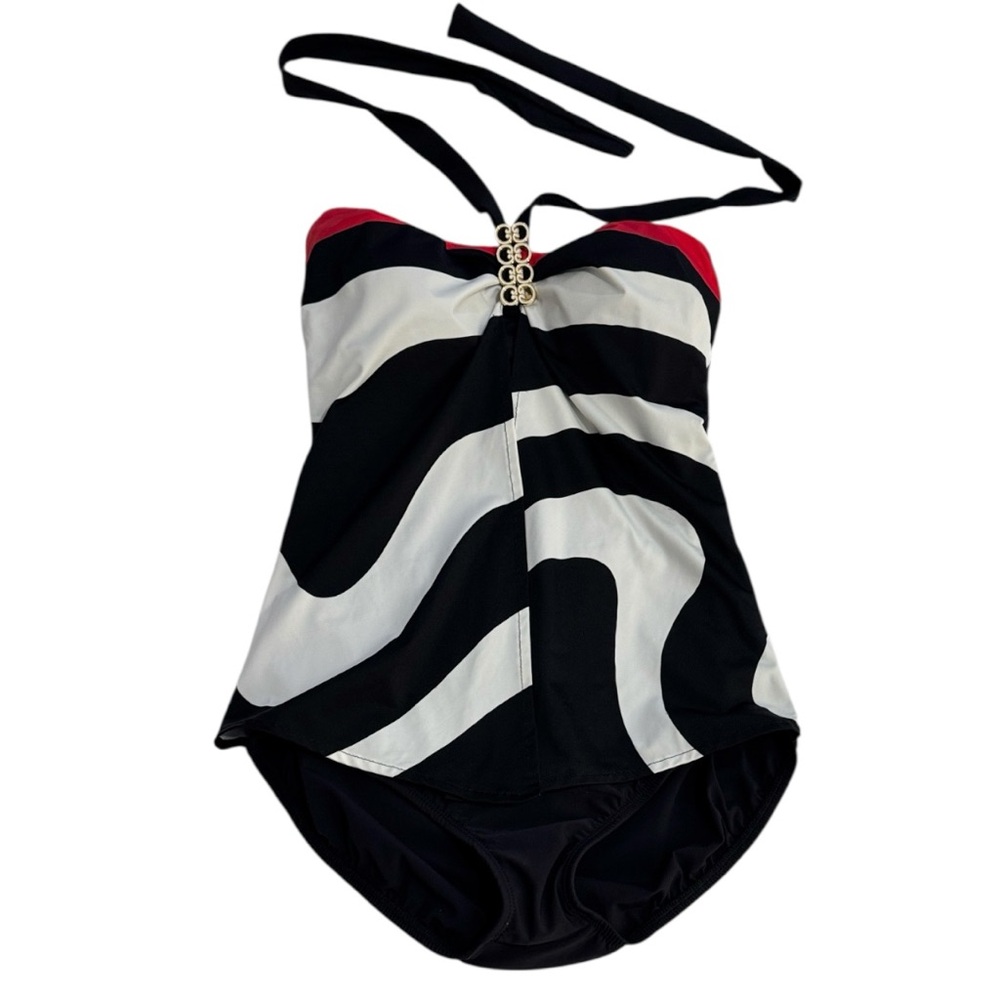 Tara Grinna Slimming One Piece Swimsuit Black White Red Halter Bandeau Size 8